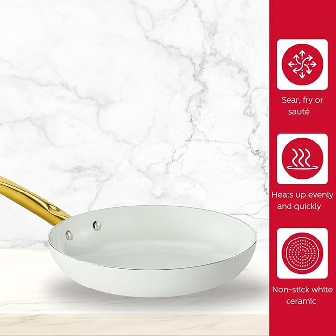 Holstein Housewares 8-Inch Ceramic Nonstick Frying Pan Skillet, Elegant White and Gold Color Handle - Golden Elegance for Every Kitchen