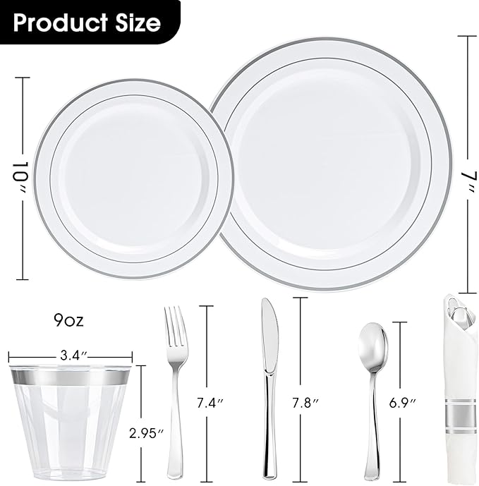 N9R 350PCS Silver Plastic Dinnerware Set for 50 Guests, Gold Disposable Plates for Party, Include:100 Plastic Plates, 50 Pre Rolled Napkins with Silverware and 50 Cups