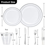 N9R 350PCS Silver Plastic Dinnerware Set for 50 Guests, Gold Disposable Plates for Party, Include:100 Plastic Plates, 50 Pre Rolled Napkins with Silverware and 50 Cups