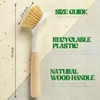 Dish Brush with Handle Wood Built-in Scraper, Scrub Brush for Pans, Pots, Saucepan, Kitchen Brushes for Sink and Stove, Yellow