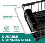 Small Dish Drying Rack in Sink, Expandable Stainless Steel Dish Drainers for Kitchen Counter, with Drain Board & Utensil Holder(Black)