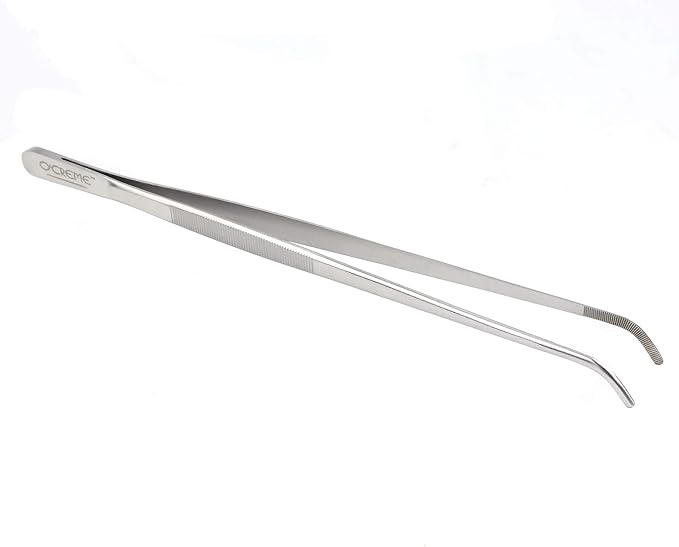 O'Creme Stainless Steel Precision Kitchen Tweezer Tongs with Serrated Tips for Gripping (10" Curved, Silver)