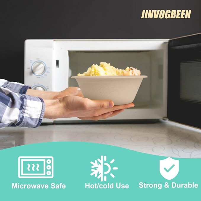 JINVOGREEN 12 oz Paper Bowls, 100 Count Disposable Compostable Bowls, Heavy Duty Biodegradable Bagasse Bowl for Snacks, Soup, and Salads, Natural