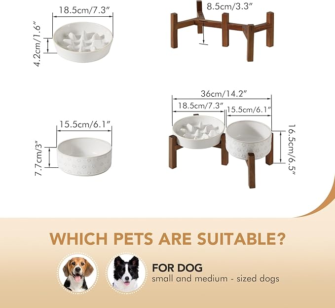Havniva Ceramic 1.2 Cup Raised Slow Feeder Dog Bowl Set, Elevated 6.1inch Bowl and 7.3inch Slow Feeder Dish with Acacia Wood Stand for Small and Medium Dogs (2 x Reactived Glaze -White+ Stand)