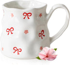 Ceramic Cute Coffee Mug,14 oz Pretty Mug,Unique Coffee Mug (Bows).Ceramic Mug For Women,Hand-Painted Coffee Cup