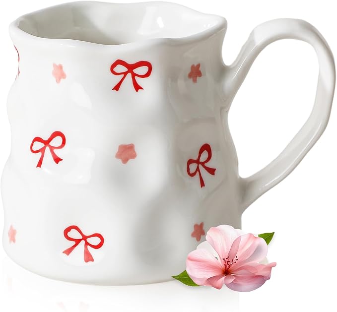 Ceramic Cute Coffee Mug,14 oz Pretty Mug,Unique Coffee Mug (Bows).Ceramic Mug For Women,Hand-Painted Coffee Cup