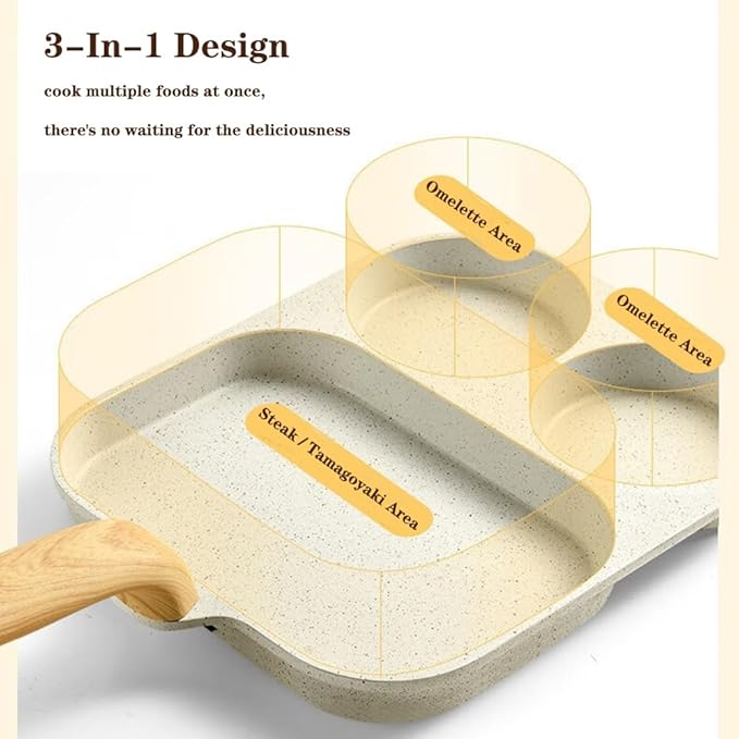 Nonstick Egg Frying Pan, Egg Frying Pan 3 Section, Aluminum Frying Pan With Heat Resistant Handle, Cooking Pan for Breakfast, Egg, Bacon and Burgers, Easy Clean, Only for Gas Stove