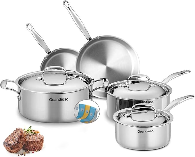 Stainless Steel Cookware Set, 5-ply cookware，8-Piece Pots and Pans Set, 316L Professional Grade, Oven and Broiler Safe to 650°F, Dishwasher Safe, Durable, Induction Compatible, Silver