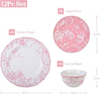 222 Fifth Adelaide Blush 12-Piece Pink Porcelain Dinnerware Set – Service for 4, Big Dinner Plates and Bowls Sets, White with Pink Floral Pattern, for Daily Entertainment, Microwave & Dishwasher Safe