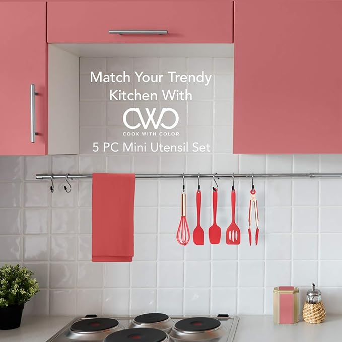 COOK WITH COLOR Silicone Cooking Utensils, Kitchen Utensil Set, Easy to Clean Silicone Kitchen Utensils, Cooking Utensils for Nonstick Cookware, Kitchen Gadgets Set, Mini, Red