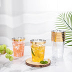 I00000 60PCS Gold Plastic Cups, 10 oz Clear Disposable Cups with Golden Trim, Heavy-Duty Disposable Hard Plastic Wine Glasses Cocktail Glasses Perfect for Wedding & Party