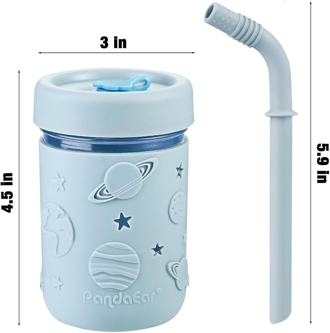 PandaEar 4 Pack Kids & Toddler Glass Cups, Glass Mason Jar Cups 8.45 oz with Silicone Sleeves & Straws, Toddler Spill-Proof Smoothie Cups for Children Ages 3+