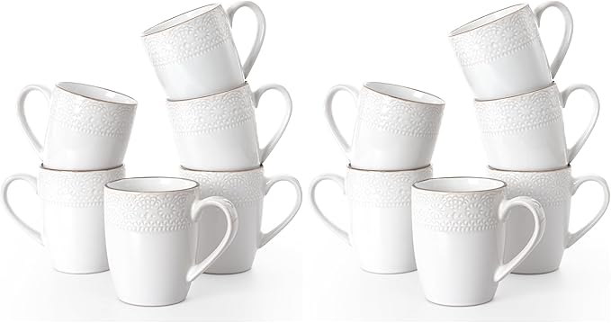 famiware Coffee Mugs Sets for 6, 12 oz Mug Set, Coffee Cups with Handle for Coffee, Tea, Cocoa and Milk, Microwave and Dishwasher Safe, White Floral (Pack of 2)