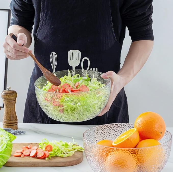 Qxbekmor 130 oz Acrylic Salad Bowls, 9.5" Serving Bowls for Fruits, Popcorn, Chips, Dips, Condiments, Break-Resistant Set of 2, Clear Circular