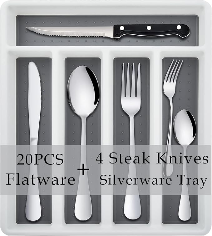 HaWare 25-Piece Silverware Set with Flatware Drawer Organizer, Stainless Steel Cutlery with 4 Steak Knives, Eating Utensils Service for 4, Mirror Polished, Dishwasher Safe - Silver