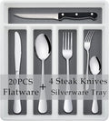 HaWare 25-Piece Silverware Set with Flatware Drawer Organizer, Stainless Steel Cutlery with 4 Steak Knives, Eating Utensils Service for 4, Mirror Polished, Dishwasher Safe - Silver