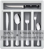 HaWare 25-Piece Silverware Set with Flatware Drawer Organizer, Stainless Steel Cutlery with 4 Steak Knives, Eating Utensils Service for 4, Mirror Polished, Dishwasher Safe - Silver