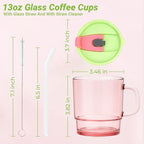 Luxfuel 13oz Tumbler Water Glass Cups with Lid and Straw, 2 Pack Reusable Iced Coffee Cups with Handle, Sealed Carry on for Iced Tea, Coffee, BPA-Free Glass Tumblers for Home, Office, Party, Outdoor