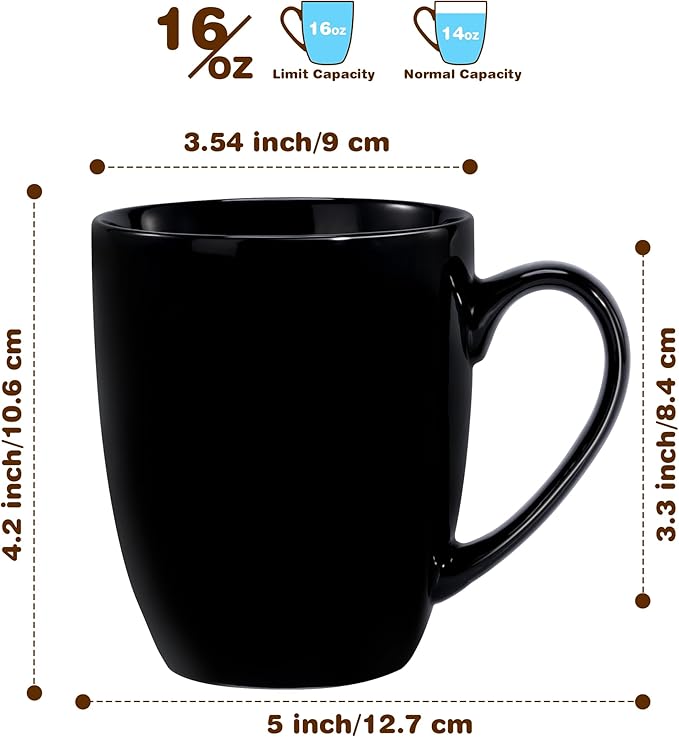 Urbanstrive 16 oz Large Coffee Mugs Set of 6 Ceramic Coffee Mug White Coffee Cups Tea Cups Idea Gift for Women Men House Warming Gifts New Home Office, Black 6 Pack