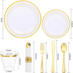 WDF Partyware 350Piece Gold Dinnerware Set for 50 Guests - Gold Plastic Plates with Disposable Cutlery - 50Dinner Plates-50Dessert Plates-50Pre Rolled Napkins with Silverware for Wedding/Mother's Day