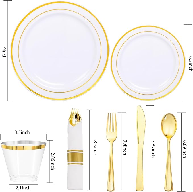 WDF Partyware 350Piece Gold Dinnerware Set for 50 Guests - Gold Plastic Plates with Disposable Cutlery - 50Dinner Plates-50Dessert Plates-50Pre Rolled Napkins with Silverware for Wedding/Mother's Day