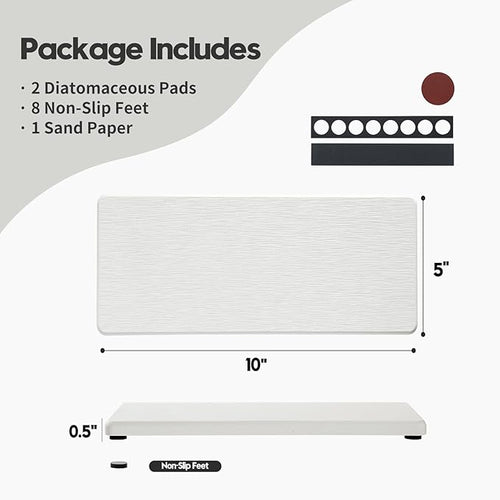 2PCS 10"x 5" Large Bathroom Sink Vanity Trays, Water Absorbing Diatomite Stone Quick Drying Mat for Kitchen Counter, Dish Rack Dispensers Sponge Holder Caddy Organizer, White, 10"x 5"