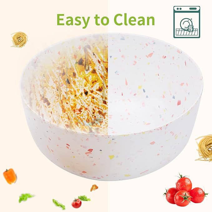 ECOWAY Melamine Salad Bowl, Bamboo Fiber Salad Bowl Large with 4 Small Serving Bowls and Bamboo Lid Cutting Board with Handle and Silicone Seal Ring Perfect for Storage Salad Foods(Spots,9.8 Inches)