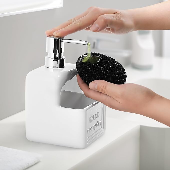 RQYIXI Soap Dispenser with Sponge Holder Ceramic Hand and Dish Soap Dispenser 15oz for Kitchen Bathroom