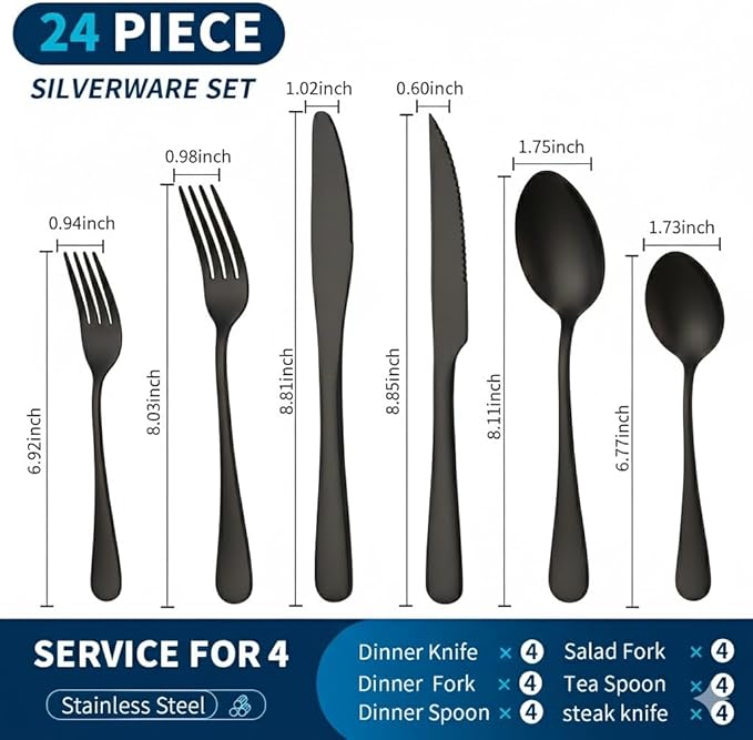 GPY Black Silverware Set, 24-Piece Stainless Steel Flatware Set Service for 4, Titanium Plated Black Eating Utensils, Modern Mirror Finish Cutlery for Kitchen & Home