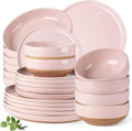 GBHOME 24-Piece Ceramic Dinnerware Set for 6, Handpainted Plates, Pasta Bowls & Bowls Set with Rustic Terracotta Underside, Scratch-Resistant, Dishwasher & Microwave Safe,Speckled Glaze Pink