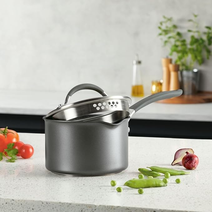 Circulon A1 Series with ScratchDefense Technology Nonstick Induction Straining Sauce Pan with Lid, 2 Quart, Graphite