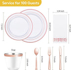 Goodluck 700 Pieces Rose Gold Dinnerware Set for 100 Guests, Plastic Plates Disposable for Party, Include: 100 Dinner Plates, 100 Dessert Plates, 100 Paper Napkins, 100 Cups, 100 Silverware Set