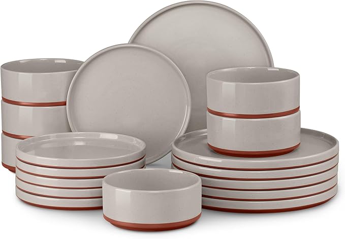 LIANYU 18 Piece Dinnerware Sets for 6, Modern Style Stoneware Dinnerware Set, Scratch Resistant, Dishwasher Safe Bowl and Plate Sets, Ceramic Dish Dinner Set, Terra Brown