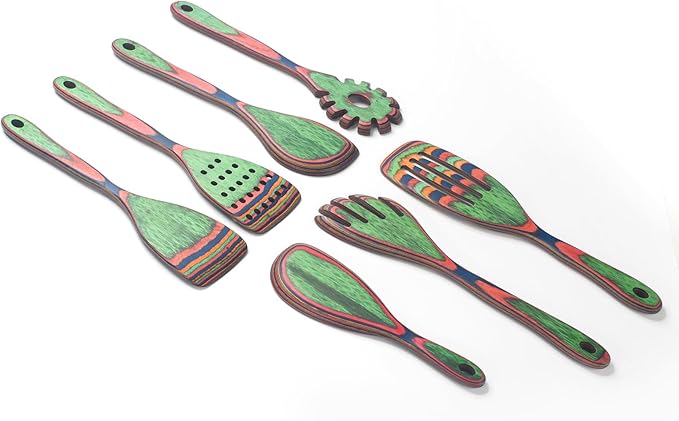 7 Pcs Wood Cooking Utensils Set, Wooden Kitchen Utensil Set for Cooking, Wooden Cooking Spoons & Spatulas, Safe for Non-Stick Cookware, Blue