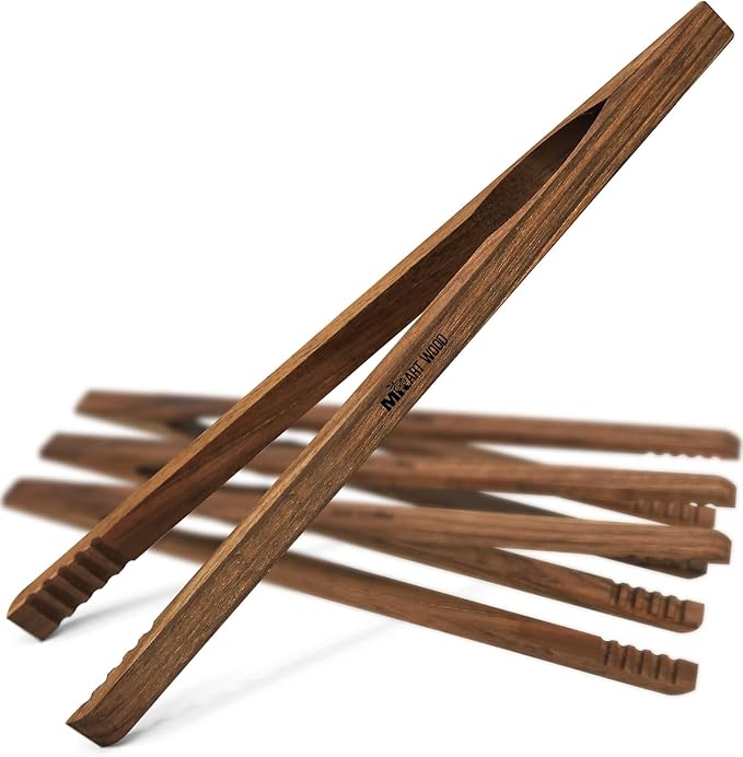 Walnut Wood Toaster Tongs Set of 4 – 10 Inch Kitchen Tongs for Toast, BBQ, Cooking & Serving | Premium Dark Hardwood | Stronger & More Durable Than Bamboo Tongs