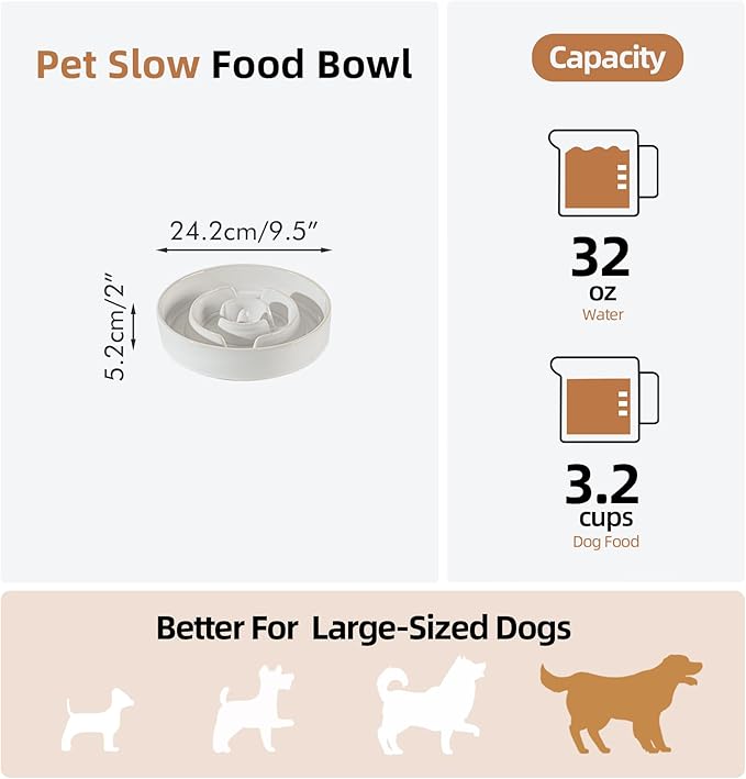 Havniva Ceramic 3.2 Cup Dog Bowl Slow Feeder for Large Dog, 9.5inch Pet Slow Dish, Stop Bloat, Preventing Choking(Single Bowl, Reactived Glaze -White)