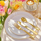 Festiva 176Pcs White and Gold Plastic Plates - White with Gold Rim Fall Dinnerware Set - 25Guest include Plates Cups Cutlery Napkins for Birthday Party&Wedding& Easter