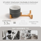 SPUNKYJUNKY Ceramic Dog and Cat Bowl Set with Wooden Stand, Modern Cute Weighted Food Water Set for Small Size Dogs (13.5OZ) & Medium Sized Dogs (28.7OZ) & Cats (1.7 Cups, 2 × White-Gray)