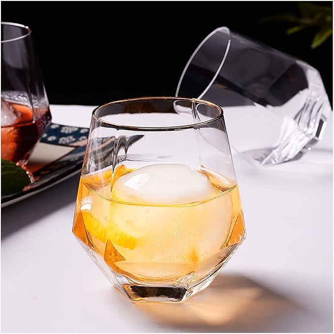 XKXKKE Diamond Wine Glasses Set of 6, 10 OZ Modern Stemless Gold Rim Glass Cups Clear Drinking Glassware for Serving Party, Home, Bar, Restaurants, Transparent 6 Pack