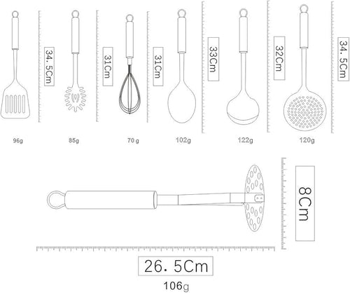 Berglander Cooking Utensil Set 8 Piece, Stainless Steel Kitchen Tool Set with Stand,Cooking Utensils, Slotted Tuner, Ladle, Skimmer, Serving Spoon, Pasta Server,Potato Maseher, Egg Whisk. （8 Pieces）