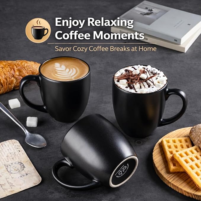 GBhome 16oz Coffee Mugs Set of 6, Large Ceramic Coffee Mugs for Man, Woman, Dad, Mom, Modern Coffee Mugs Set with handle for Tea/Latte/Cappuccino/Milk/Cocoa. Dishwasher&Microwave Safe,Matte Black