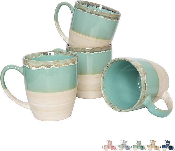 Bosmarlin Ceramic Coffee Mug Set of 4, 17 Oz, 5 Colors to Choose, Tea Cups, Dishwasher and Microwave Safe, Reactive Glaze (Green)