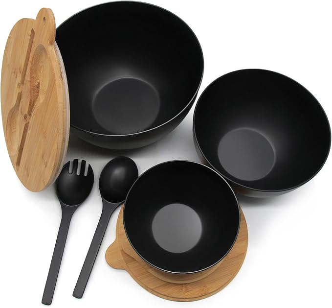 ECOWAY Salad Bowls Set of 3 with Seal Lid & Serving Utensils, Bamboo Fiber Mixing Bowls Set Large Serving Bowls & Storage Set with Bamboo Lid for Salad, Kitchen Eating, Pasta, Popcorn, Fruit, Black