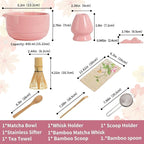 Matcha Set, 8-Piece Ceramic Matcha Bowl & Whisk Kit with Mushroom Pattern, Traditional Japanese Chawan, Bamboo Chasen, Scoop & Sifter, Gift for Tea Lovers, Zen Tea Ceremony Accessories (pink)