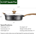 Nonstick Deep Frying Pan with Lid, 5.3 QT Swiss Granite Coating Sauté Pan, 13 Inch Healthy Non Stick Skillet Cooking Pan and Helper Handle with Silicone Cover, PFOA Free, Induction Ready.