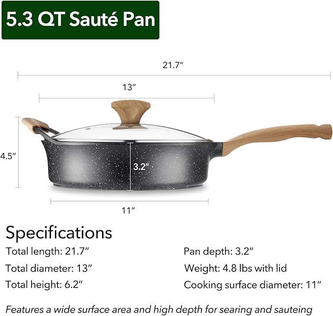 Nonstick Deep Frying Pan with Lid, 5.3 QT Swiss Granite Coating Sauté Pan, 13 Inch Healthy Non Stick Skillet Cooking Pan and Helper Handle with Silicone Cover, PFOA Free, Induction Ready.