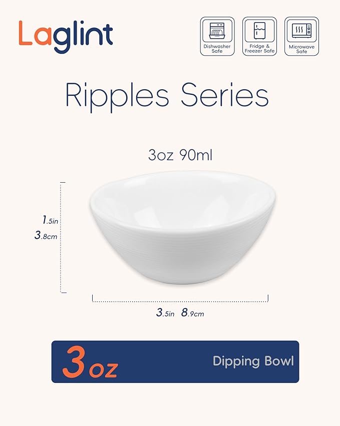 LaGlint 3 OZ White Dipping Bowl Set of 6, Opal Glass Small 3.5 inch Soy Sauce Dish, Mini Serving Pinch Bowls for Condiment Sushi Bread Ketchup BBQ Party