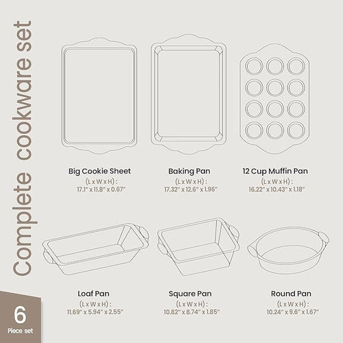 6-Piece Deluxe Nonstick Baking Pan Set - Professional Grade Carbon Steel Bakeware with White Marble Coating & Silicone Handles