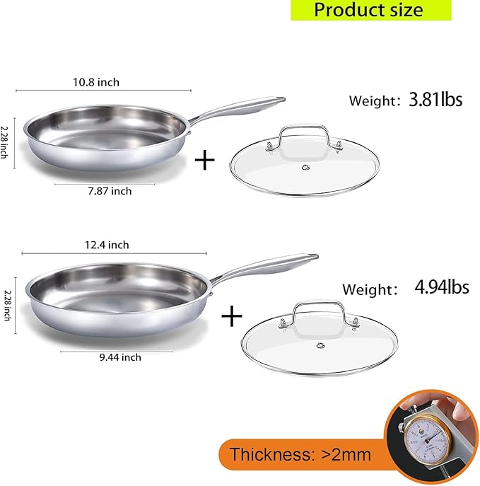 DELARLO Tri-Ply Stainless Steel Pan, 18/10 Frying Pan, Oven Safe Up to 600°F, Nontoxic Cookware, Compatible with All Cooktops Skillet, Durable, Fast Even Heat Fry Pan,Steel 10" and 12" with Lid