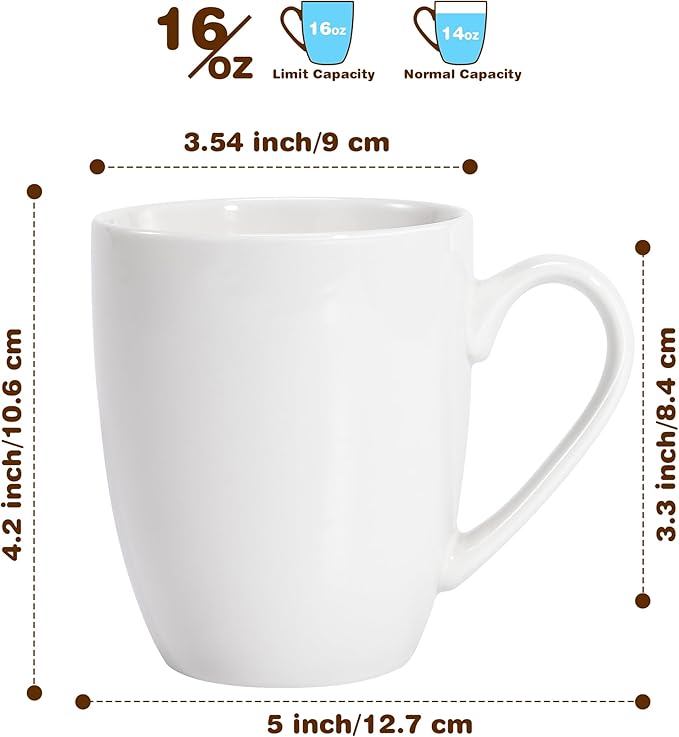 Urbanstrive 16 oz Large Coffee Mugs Set of 6 Ceramic Coffee Mug White Coffee Cups Tea Cups Idea Gift for Women Men House Warming Gifts New Home Office, Multicolor 6 Pack